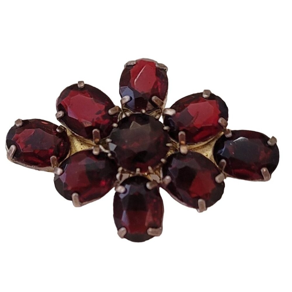 Czechoslovakia Red Garnet Glass Prong Set Rhinestone Flower Cluster Brooch, E781